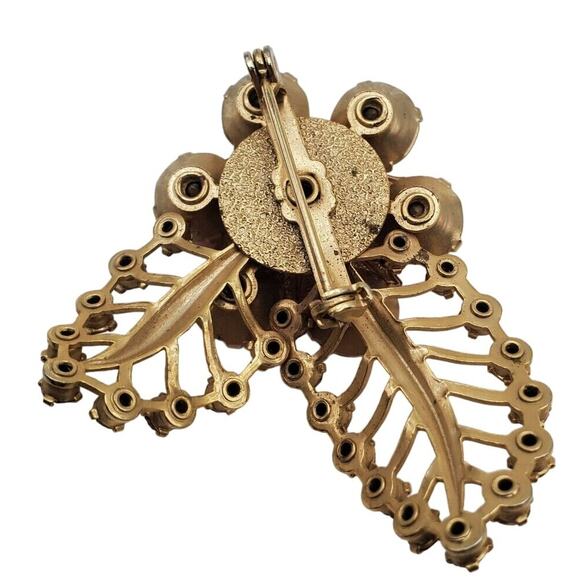 Retro Abstract Leaf Brooch Pink Rhinestone Flower Pin Gold Tone MCM Vintage 60s - Picture 6 of 6